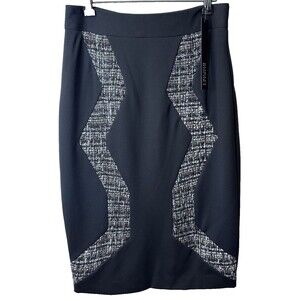 NWT Badgley Mischka Women's Black Tweed Insert Below Knee Pencil Skirt Sz 8 $295